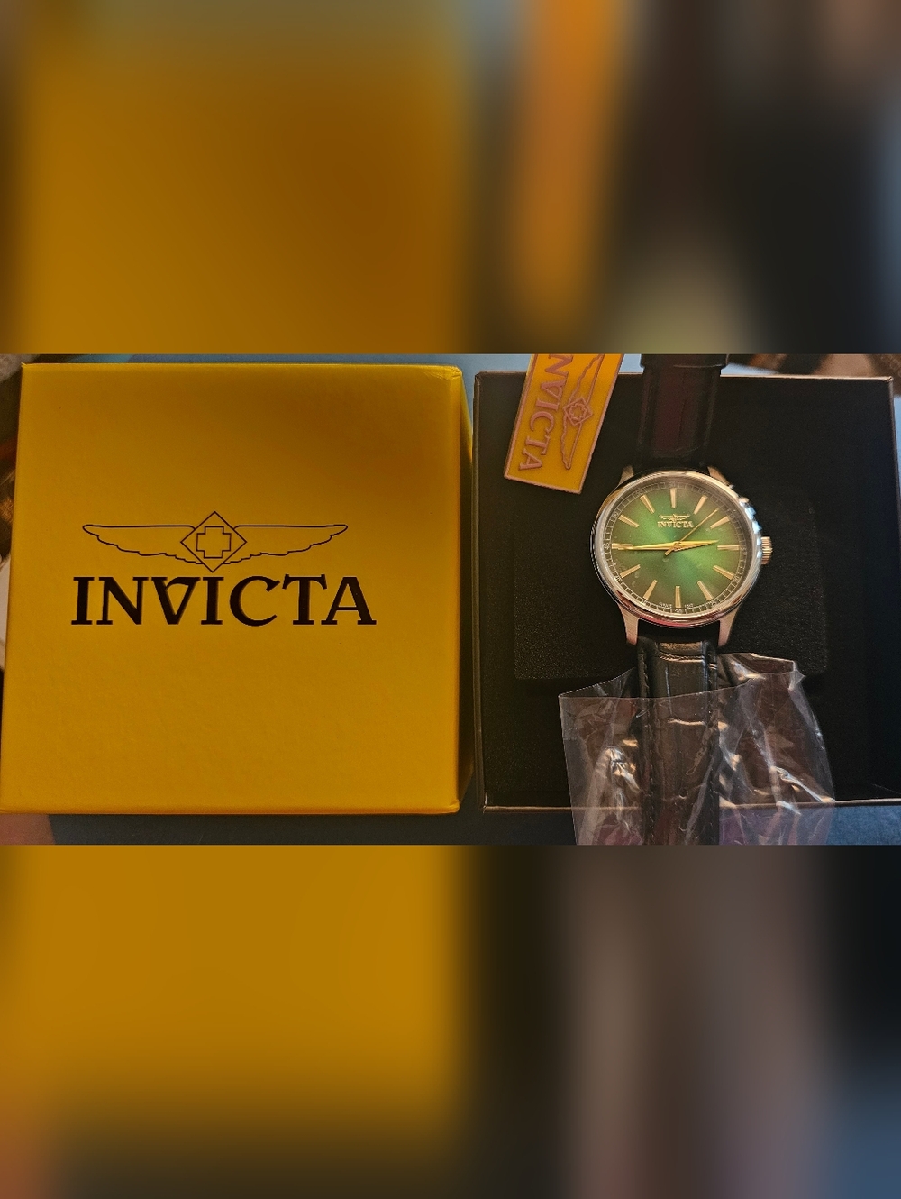 Invicta Green Dial Watch with Black Leather Strap